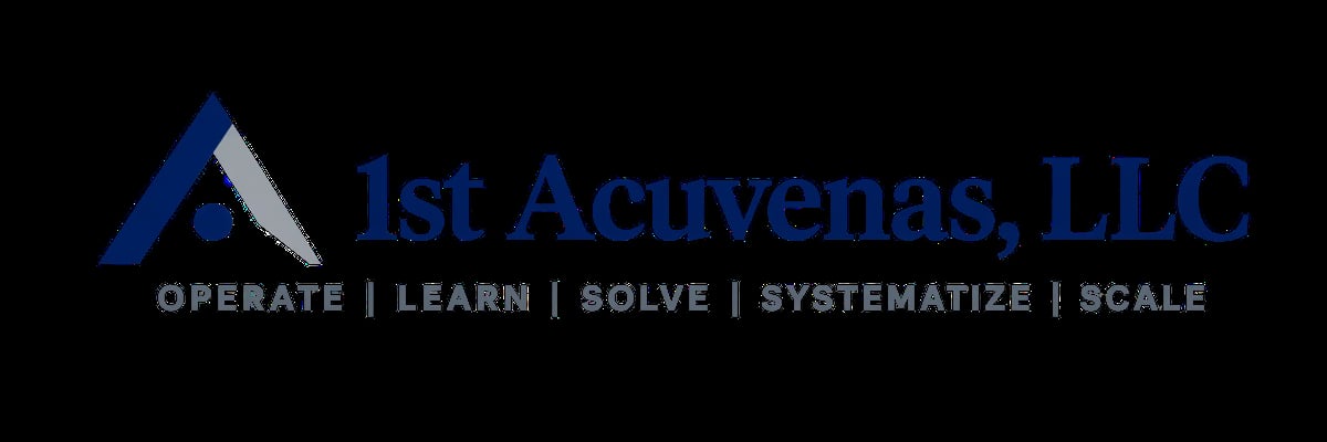 1st Acuvenas LLC company logo with blue triangle and tagline Operate Learn Solve Systematize Scale